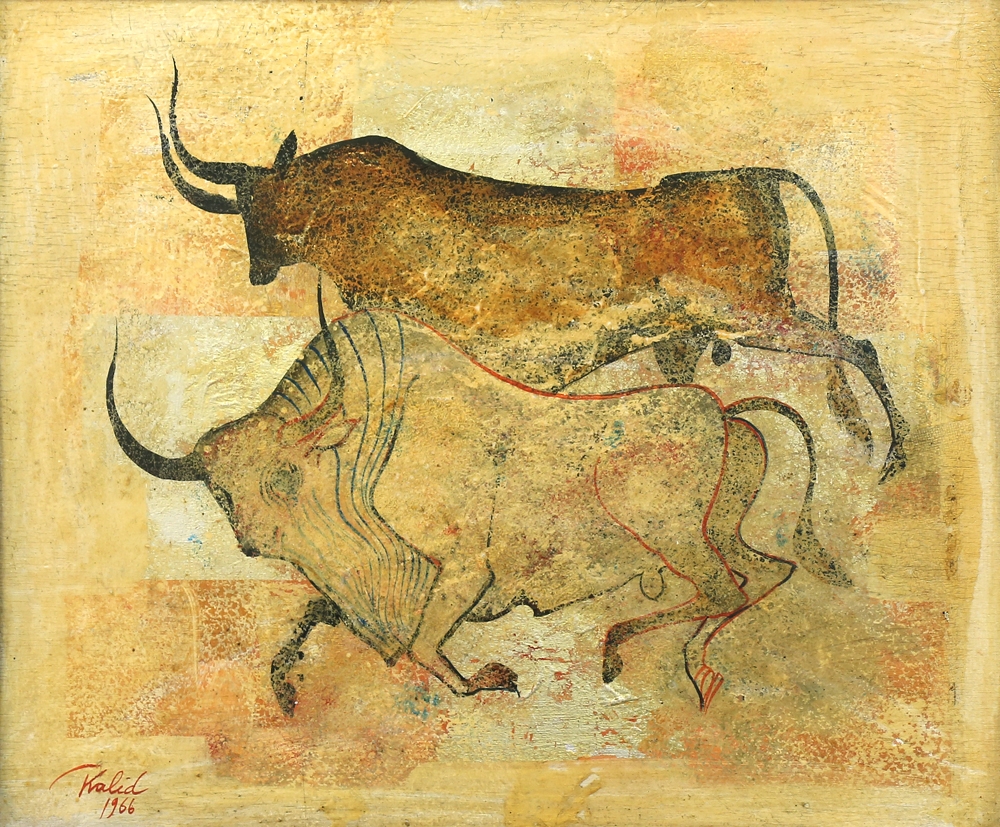 Artwork by Khalid Al Rahal, Two Bulls, Made of oil on board