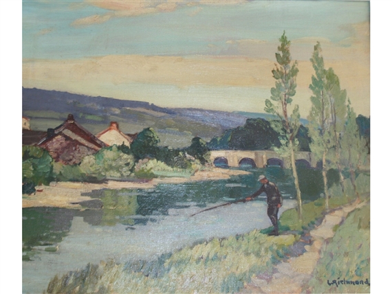 FISHERMAN NEAR THE BRIDGE AT WITHYPOOL, EXMOOR by Leonard Richmond