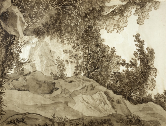 A monochromatic landscape study featuring a rocky foreground and dense foliage under soft, diffused light.