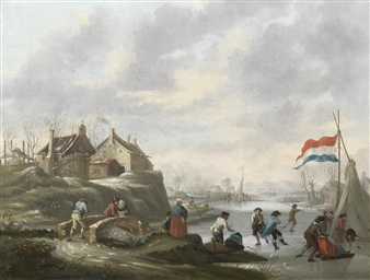 A winter landscape with figures ice skating - Johann Daniel de Gyselaar