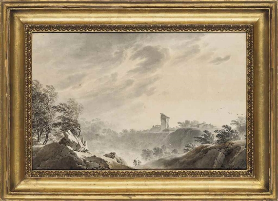 A valley with travellers in the foreground with a ruined tower and houses beyond by Giuseppe Pietro Bagetti, 1797