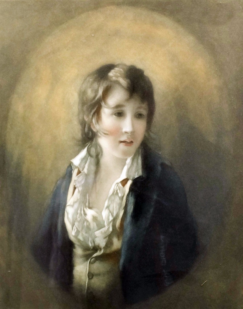 Artwork by E. E. Milner, Three quarters length portrait of a young boy in a blue coat, Made of Coloured mezzotint