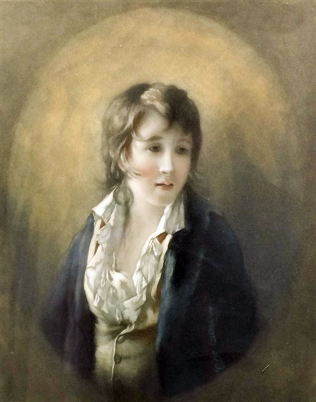 Three quarters length portrait of a young boy in a blue coat - E. E. Milner