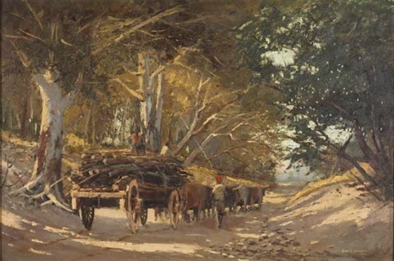 FIGURES WALKING ALONGSIDE A WAGON PULLED BY CATTLE by Willem Boshoff, 1964