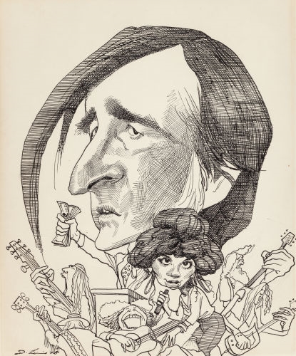 Jerry Brown and Linda Ronstadt, Stoned Ponies cartoon by David Levine, 1978
