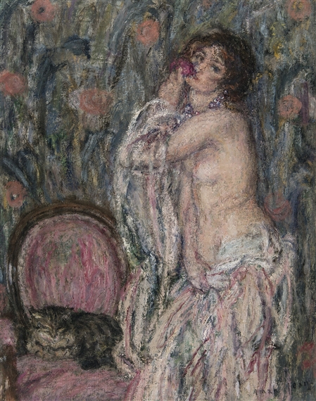 Nu à la Rose et Chat dans un Intérieur by Edmond-Francois Aman-Jean