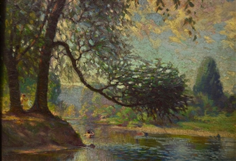 Summer Landscape with Boy in Stream - J. Hemley Risser