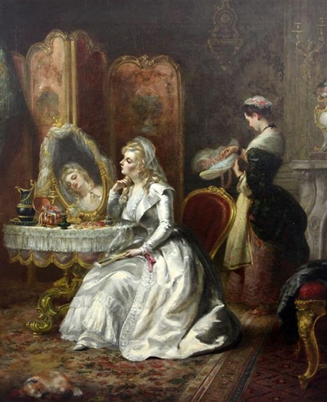 French School, 19th Century | Interior with lady sat at a dressing table,  her maid beyond | MutualArt
