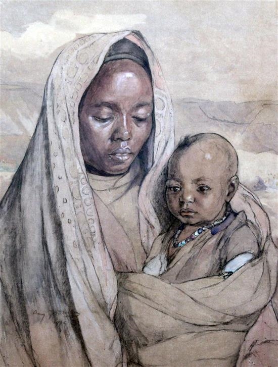 Artwork by Amy J. Drucker, An Abyssinian woman and babe, Made of Watercolour and black chalk