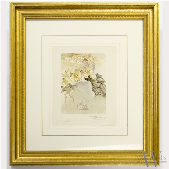 A framed watercolor painting of a group of people in a gold frame.