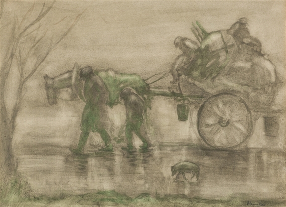 A monochromatic drawing of a horse-drawn cart carrying figures through a reflective landscape.