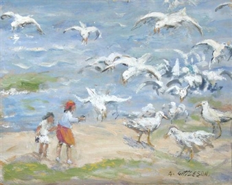 A beach scene with two figures feeding a flock of seagulls against a bright blue sky.
