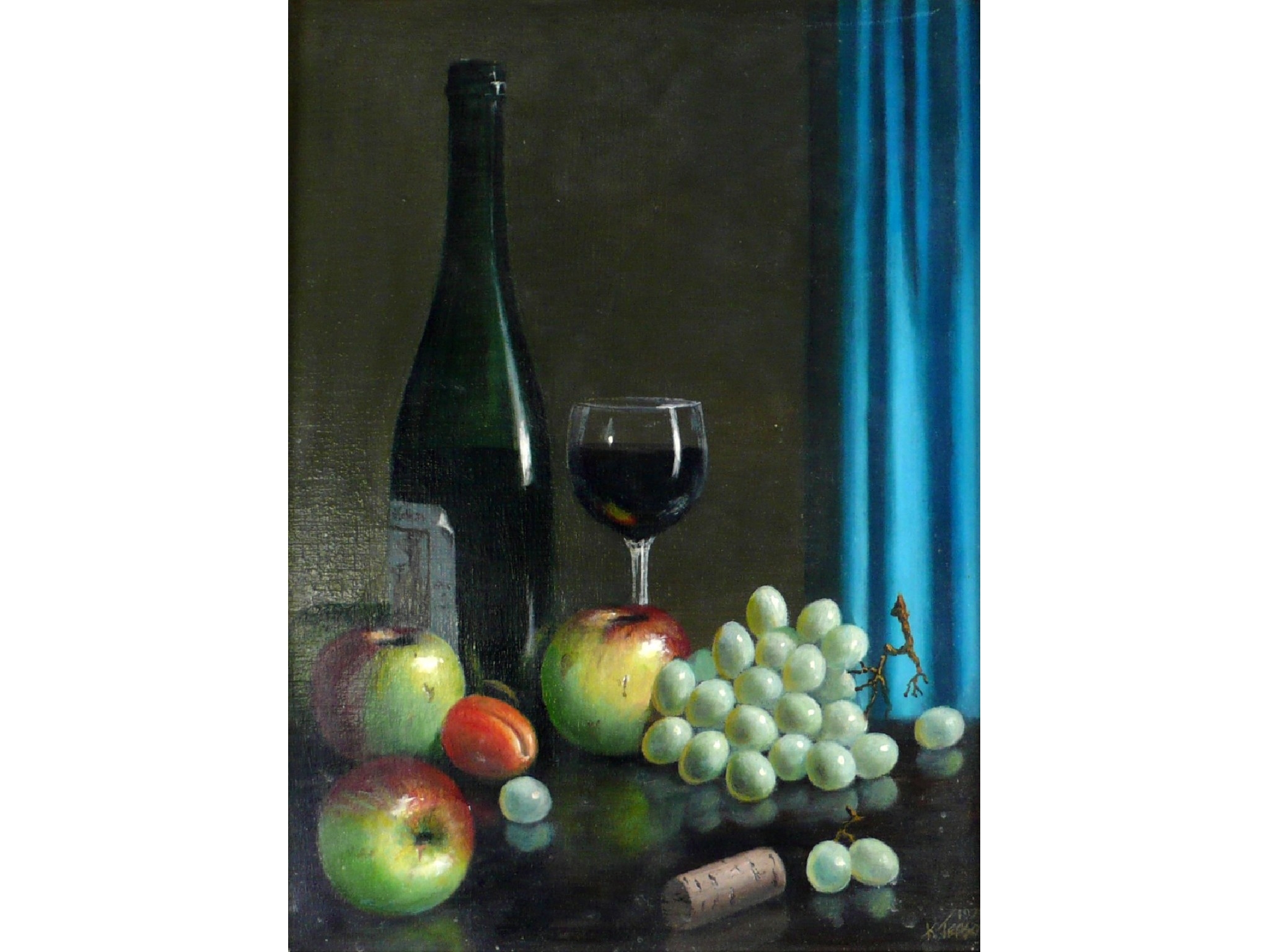 Artwork by K. Jessop, Still lifes of fruit, wine bottles etc, Made of oil paintings on canvas