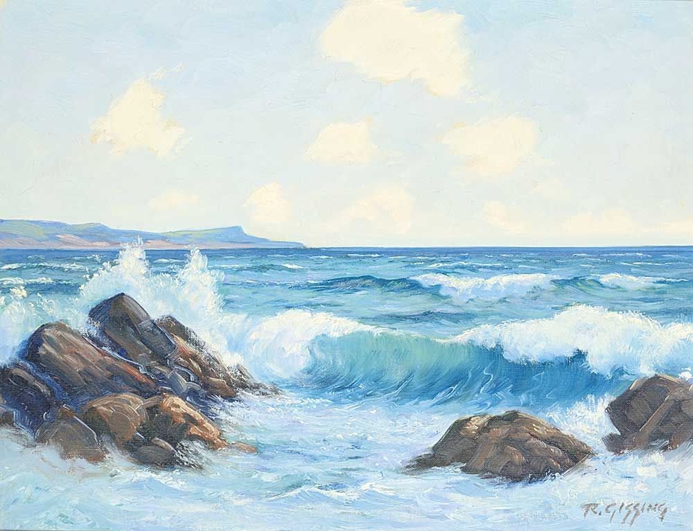 Artwork by Roland Gissing, Breezy Day, B.C. Coast, Made of Oil on canvas board
