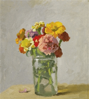 ZINNIAS IN A GLASS JAR - Robert Kulicke