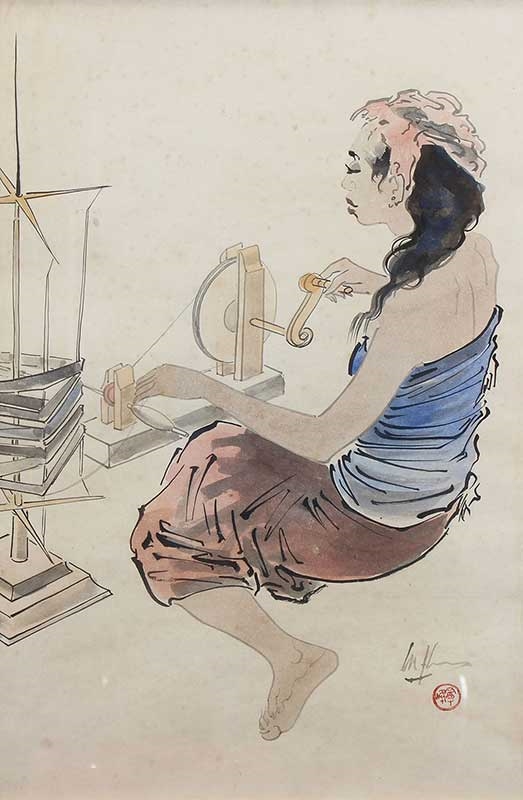 Artwork by Lee Man Fong, Wanita Menenun, Made of watercolor on paper