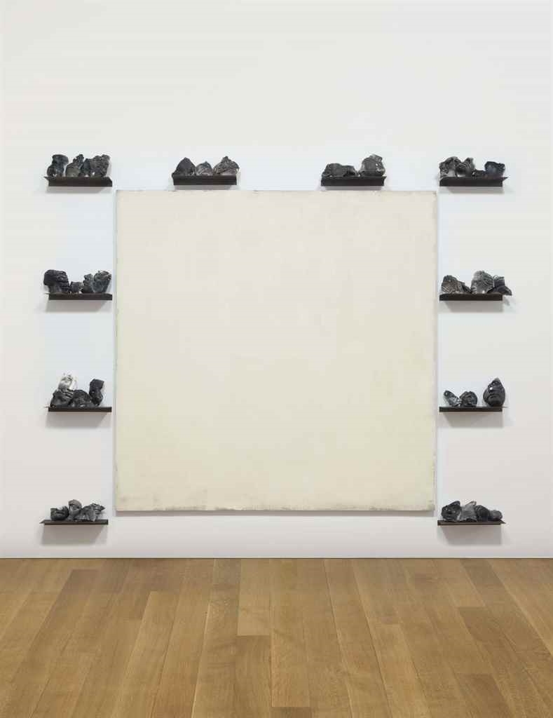Artwork by Jannis Kounellis, Untitled, Made of oil on canvas with metal shelves and plaster fragments