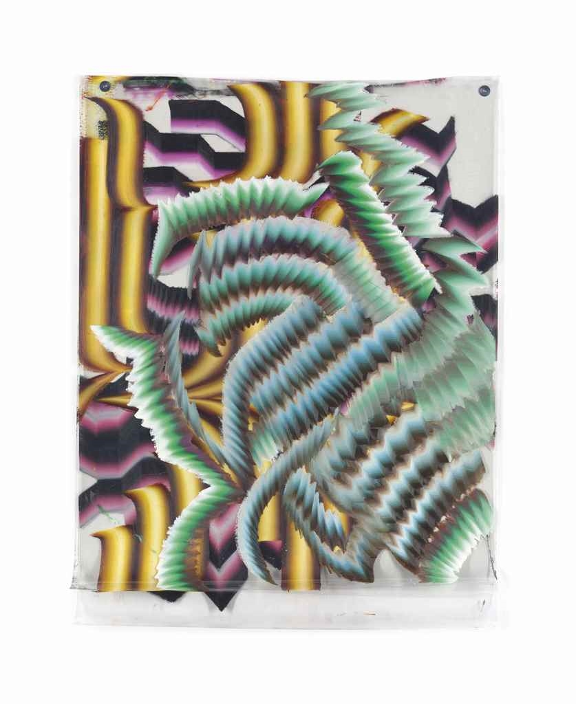 Artwork by Kerstin Brätsch, Untitled, Made of oil on three Mylar sheets and two magnets