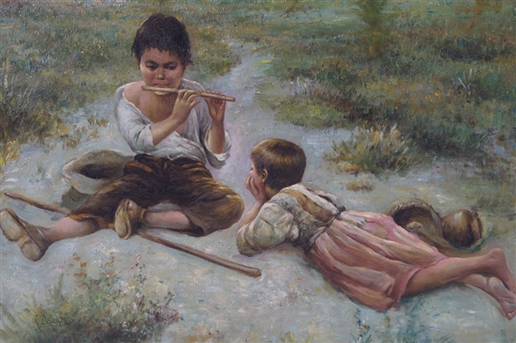 Two children in a landscape by R. Devane