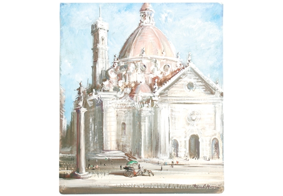 Church facade with statute by Riccardo Magni