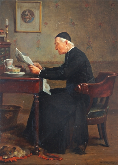 Bishop seated at his desk reading a newspaper by Charles Baptiste Schreiber