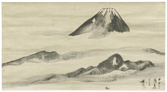 Kakejiku,depicting Mount Fuji majestically rising above bands of clouds - Tani Buncho