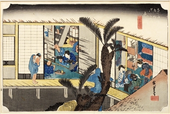 3 works, watashibune no zu (Ferry boats, Arai); Shirasuka, Shiomizaka no zu (The Shiomi Slope, Shirasuka); Akasaka, ryusha shofu no zu (Travellers and hostesses at an inn in Akasaka)