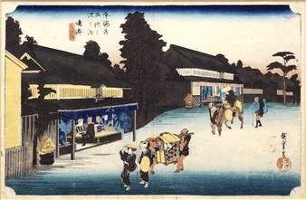 3 works, Yahagi no hashi (Yahagi Bridge, Okazaki); shuka uma ichi (The horse market in the fourth month at Chiryu);meibutsu Arimatsu shibori (Shops selling Arimatsu tie-dyed cloth, a famous product of Narumi)