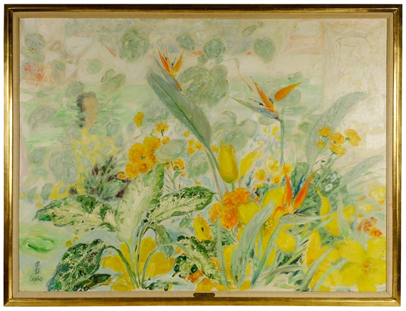Woman in a Garden with Birds of Paradise, Philadendrons and Summer Flowers by Lê Phổ