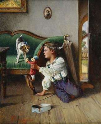 Playing boy with dog by Franz Gelbenegger