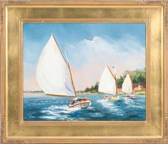 Summer Breeze, depicting three catboats by Debbie Hearle
