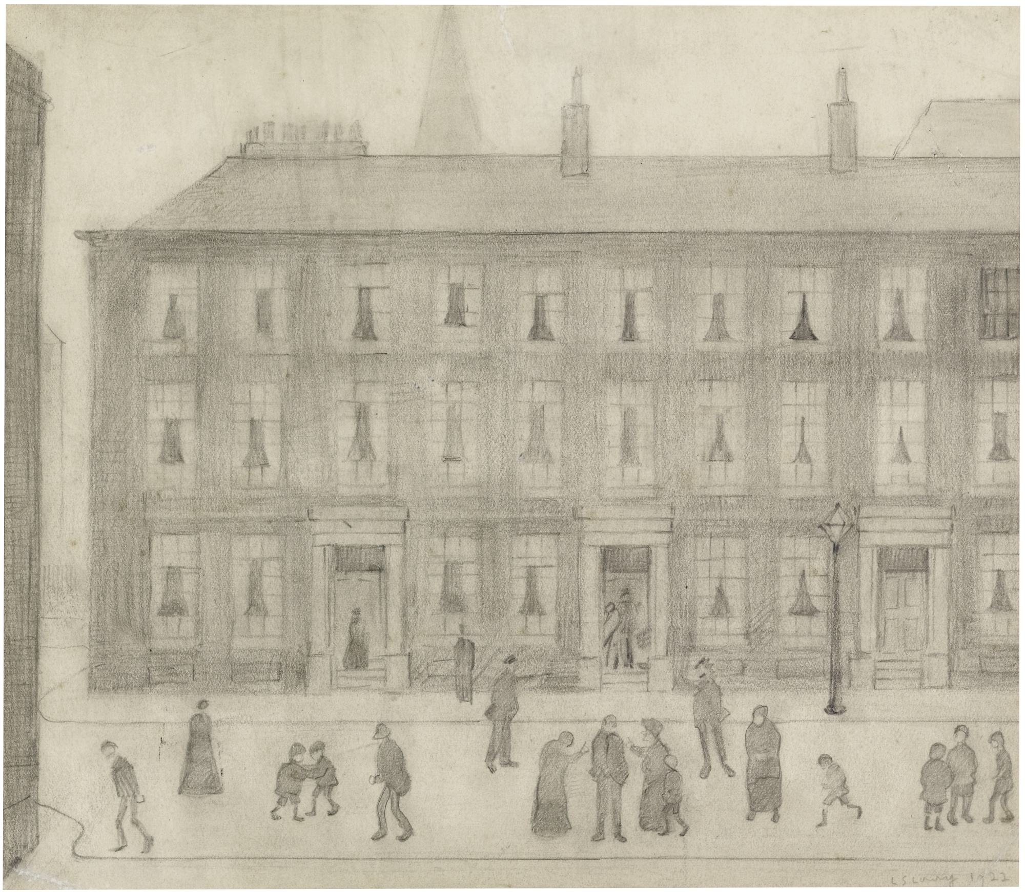 Artwork by Laurence Stephen Lowry, SALFORD BUILDINGS, Made of pencil