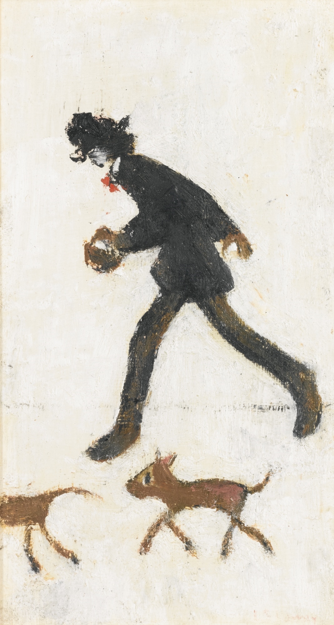 Artwork by Laurence Stephen Lowry, MAN WALKING WITH DOGS, Made of oil on board