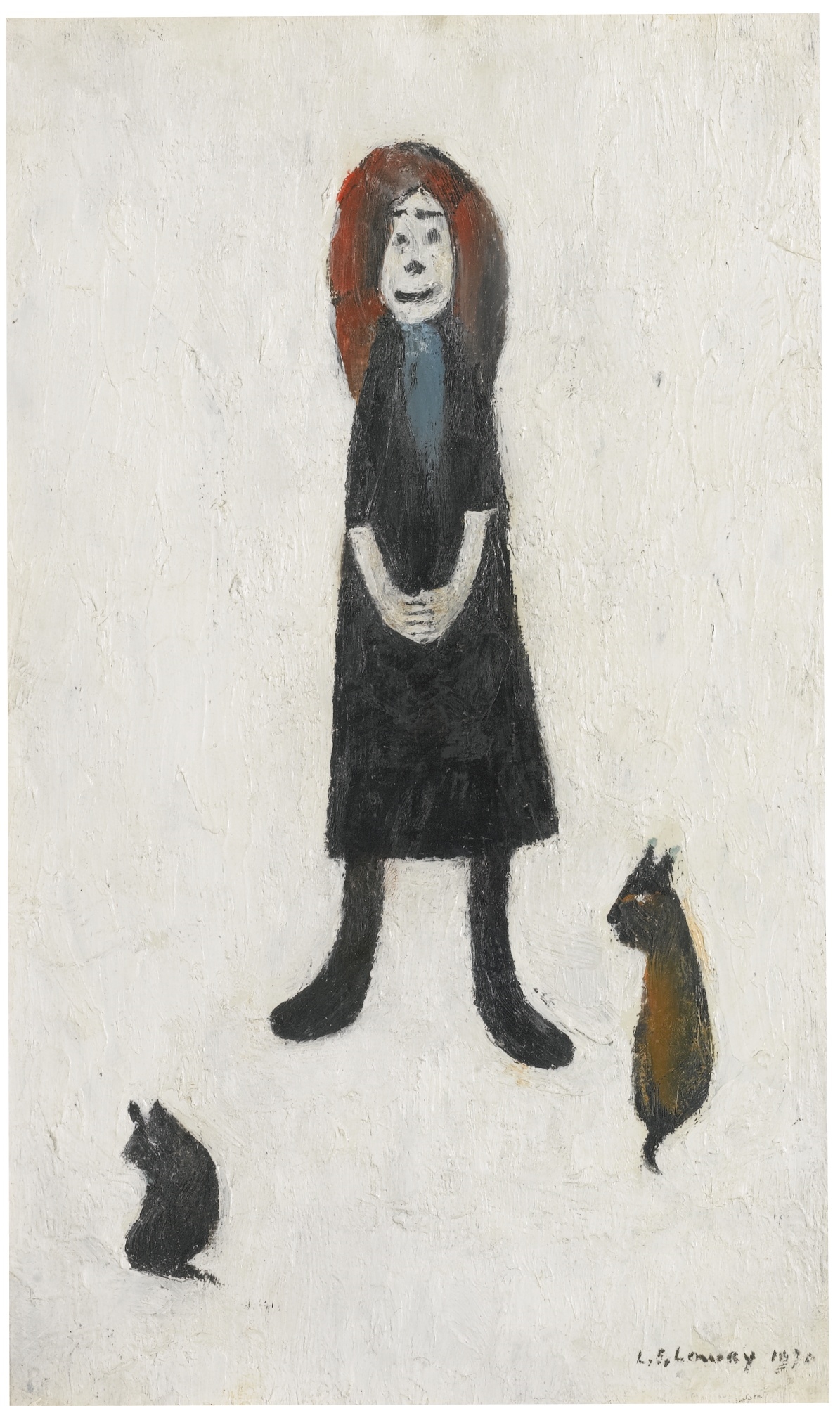Artwork by Laurence Stephen Lowry, WOMAN WITH DOGS, Made of oil on board
