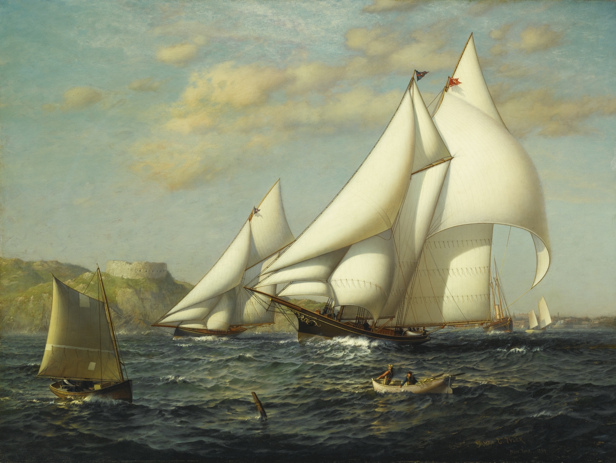 Artwork by James Gale Tyler, NEW YORK YACHT CLUB RACING BOATS IN NEW YORK HARBOR, Made of oil on canvas