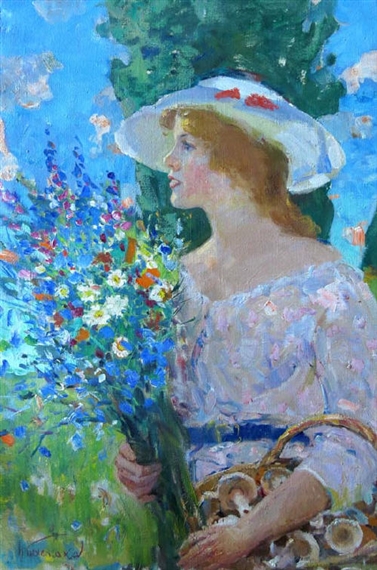 Young lady with flowers by Nikolai Nikolaevich Baskakov