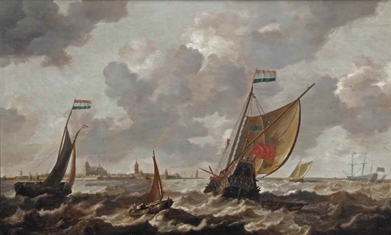A Dutch man-of-war and other ships in choppy waters before the town of Veere by Bonaventura Peeters I