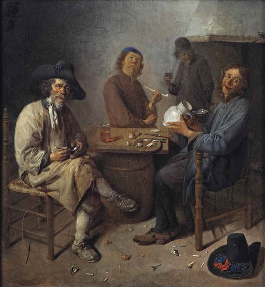 Peasants smoking and drinking in an interior by Abraham Diepraam