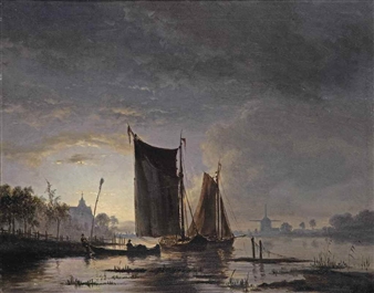 Boats on a moonlit river - Jacobus Theodorus Abels
