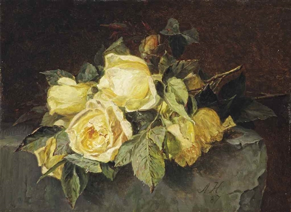 Yellow roses on a stone slate by Adriana Johanna Haanen, 1887