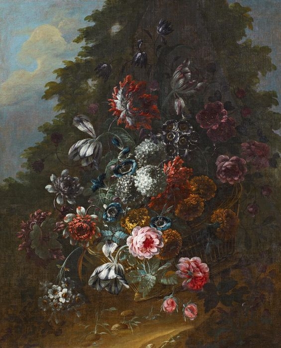 Jean Baptiste Morel Large Flower Still Life in a Woven Basket in