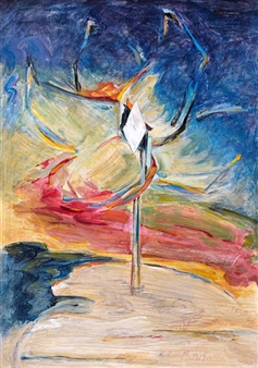 An abstract expressionist painting featuring a central white diamond shape rising from a beige ground, surrounded by swirling blue, red, and yellow forms.