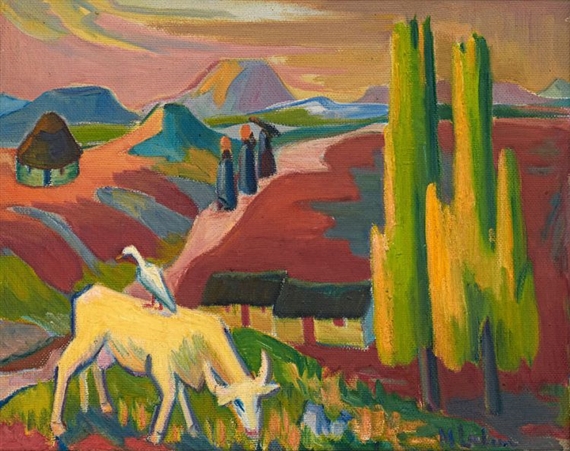 Landscape with Cow, Trees, Huts and Figures by Maggie Laubser