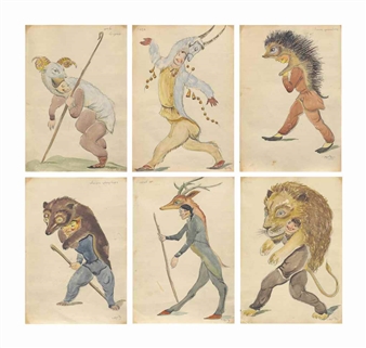 Six costume designs: 'A goat', 'A lion', 'A deer', 'A hedgehog-porcupine', 'Bear's mask' and 'A ram' - Lado Davidovich Gudiashvili 