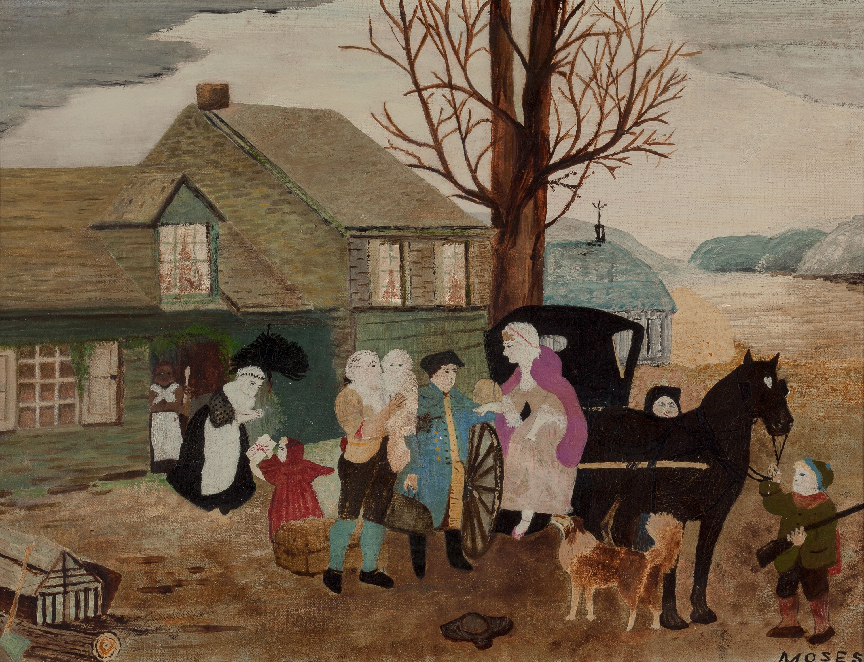 бабушка мозес художница. бабушка мозес картина старый пестрый дом. старинная пестрая. черная ткань в мелкий цветочек. бабушка мозес картины примитивизм.