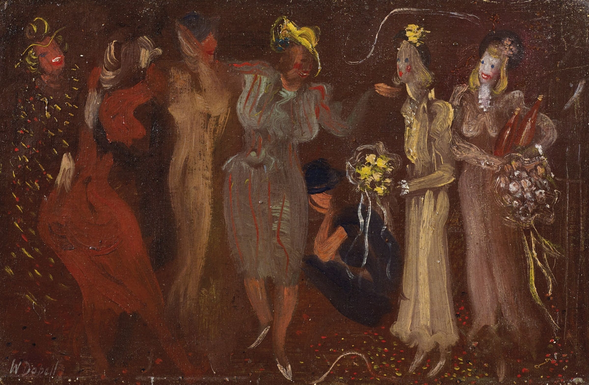 Artwork by William Dobell, Drunken Bridesmaids, Made of oil on canvas on board