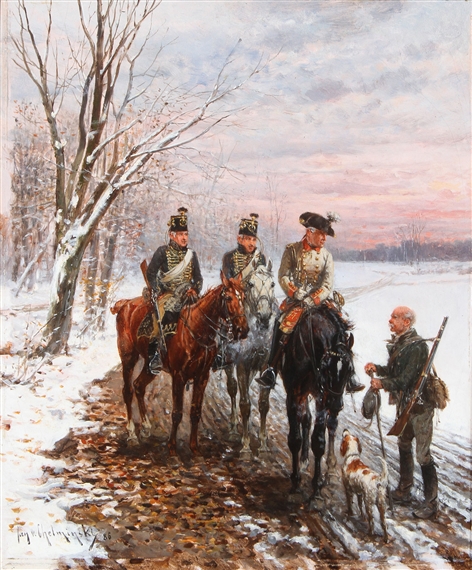 Jan Van Chelminski | Hussars Questioning a Hunter in a Winter Landscape ...