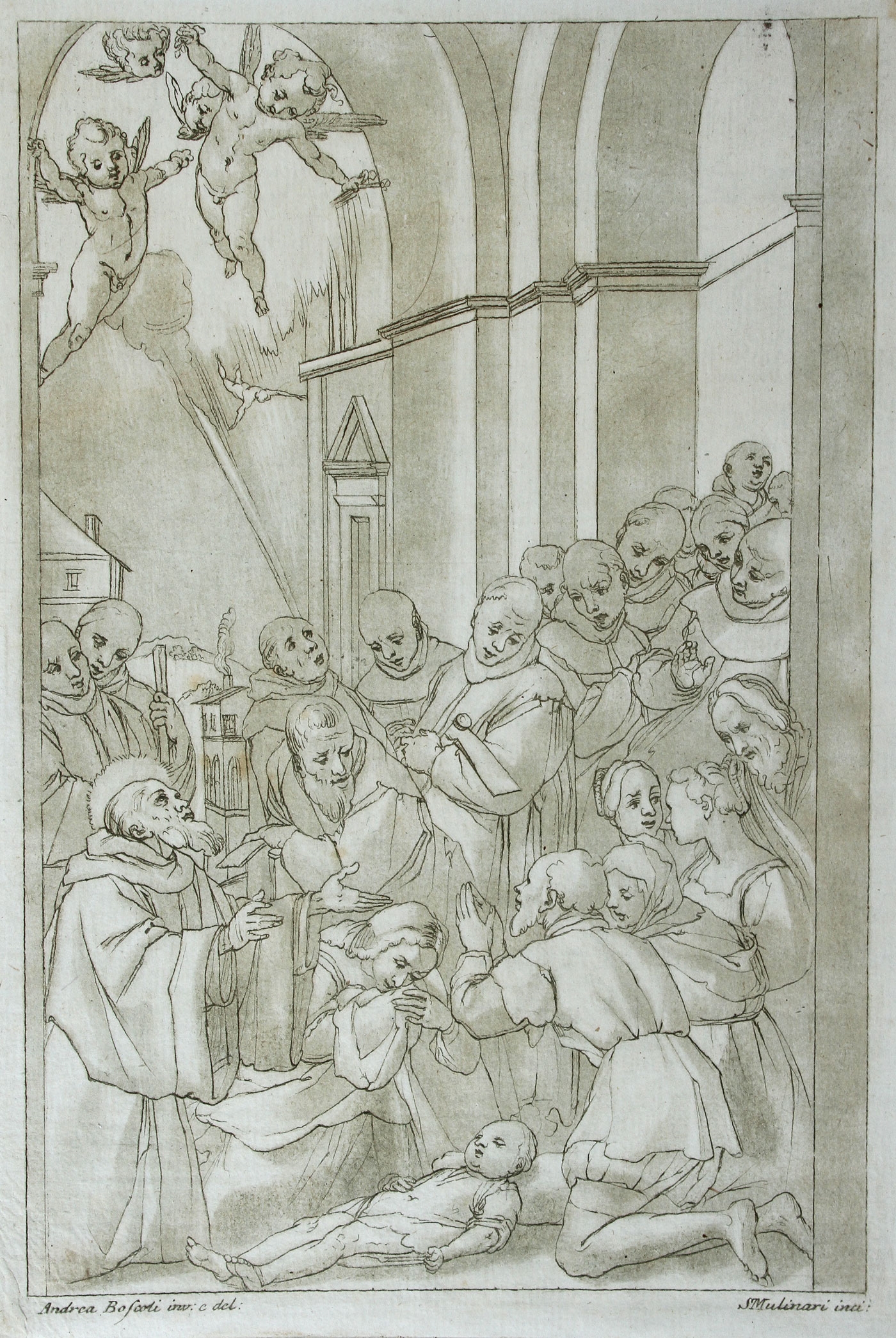 Artwork by Stefano Mulinari, Saints Reviving a Child From Death, Made of woodcut and an engraving