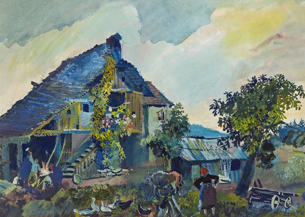 Artwork by Oskar Laske, Forge at Längsee, Made of mixed media on paper