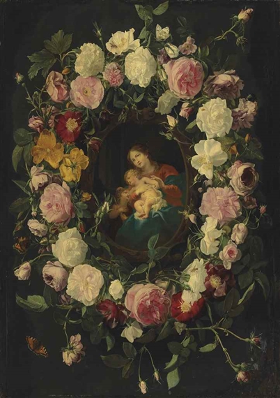 A garland of roses, with Red Admirals, wasps, ladybirds and other insects, with the Virgin and Child with the Infant Saint John the Baptist in a sculpted cartouche by Daniel Seghers, Cornelis Schut